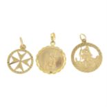 Three pendants, to include two 9ct gold St. Christopher pendants.