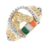 A horse-head ring, with diamond horseshoe surround and enamel Irish flag.