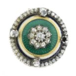 An old-cut and rose-cut diamond and enamel brooch.