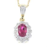 A 9ct gold synthetic ruby and diamond cluster pendant, with rope-link chain.