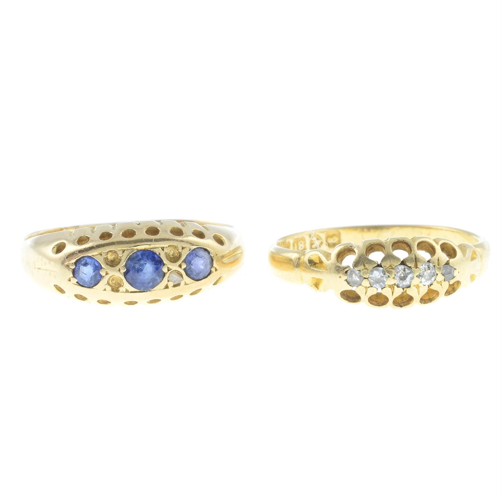 An 18ct gold diamond five-stone ring and an 18ct gold sapphire and diamond ring.