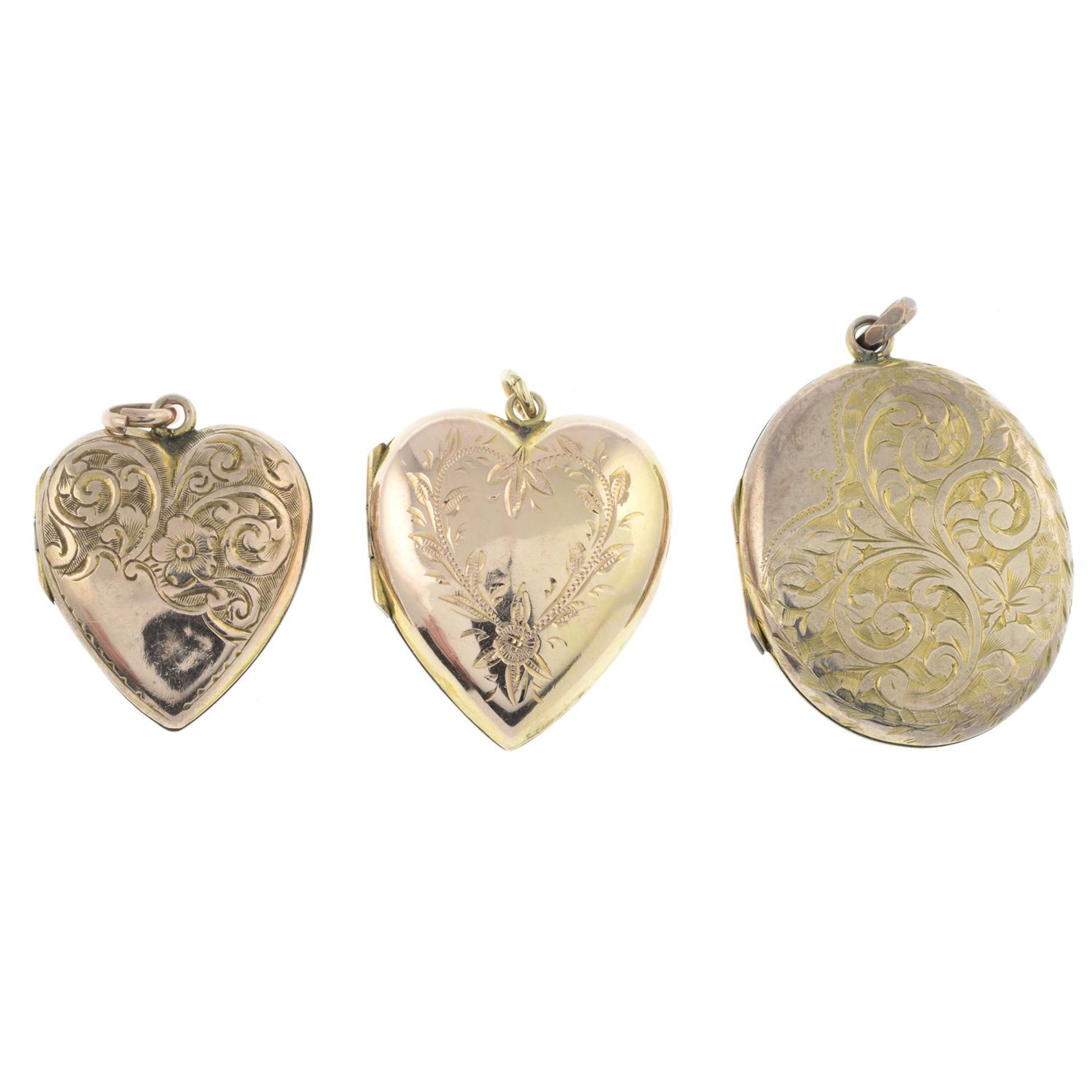 Three late 20th century 9ct gold back and front floral motif lockets.