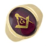 A synthetic ruby signet ring, with Masonic inlay.