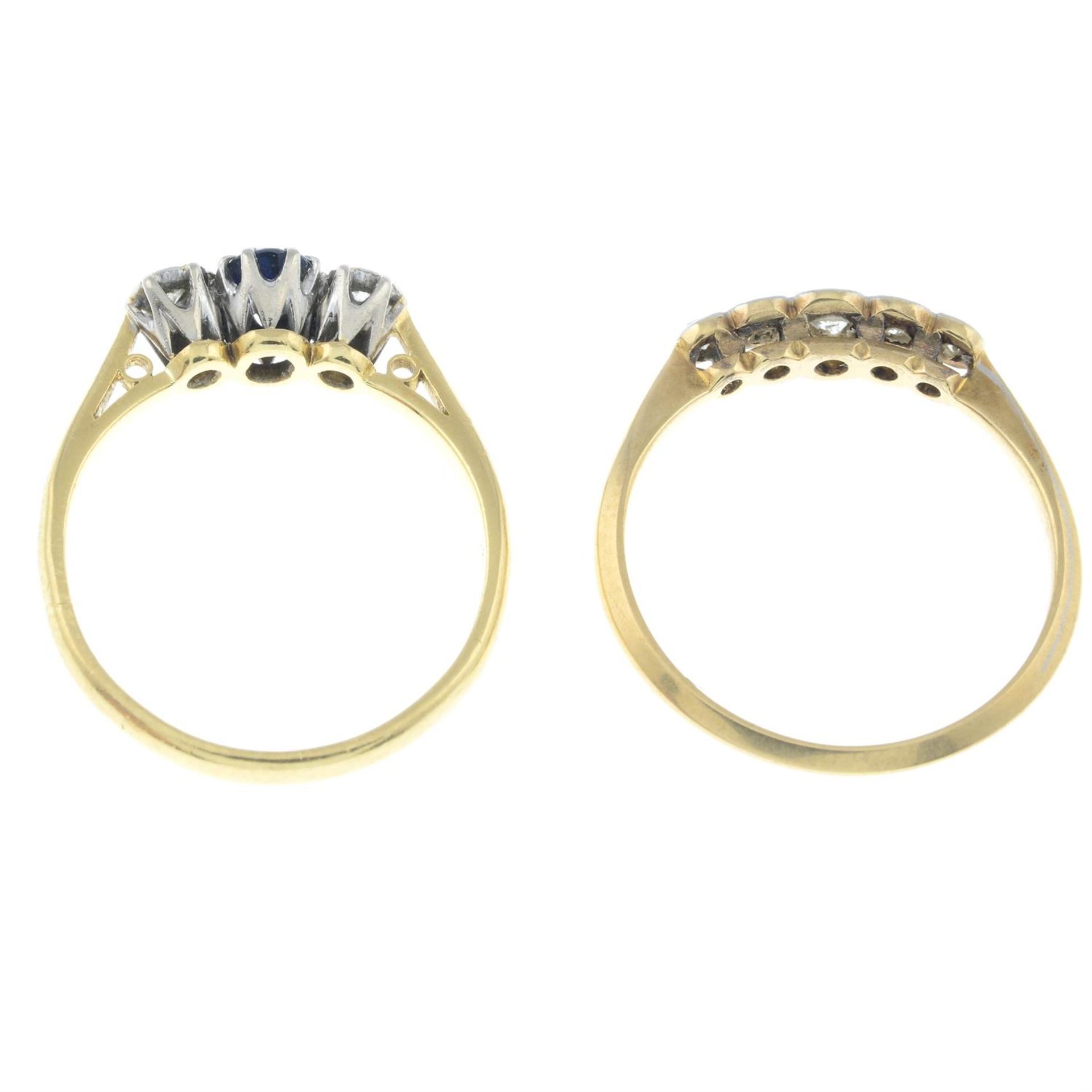 A sapphire and diamond three-stone ring and a diamond five-stone ring. - Image 2 of 2