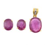 An 18ct gold glass-filled ruby and diamond pendant, with glass-filled ruby earrings.