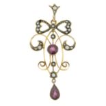 An early 20th century 9ct gold garnet and split pearl pendant.