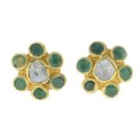 A pair of emerald and Polki diamond cluster earrings.