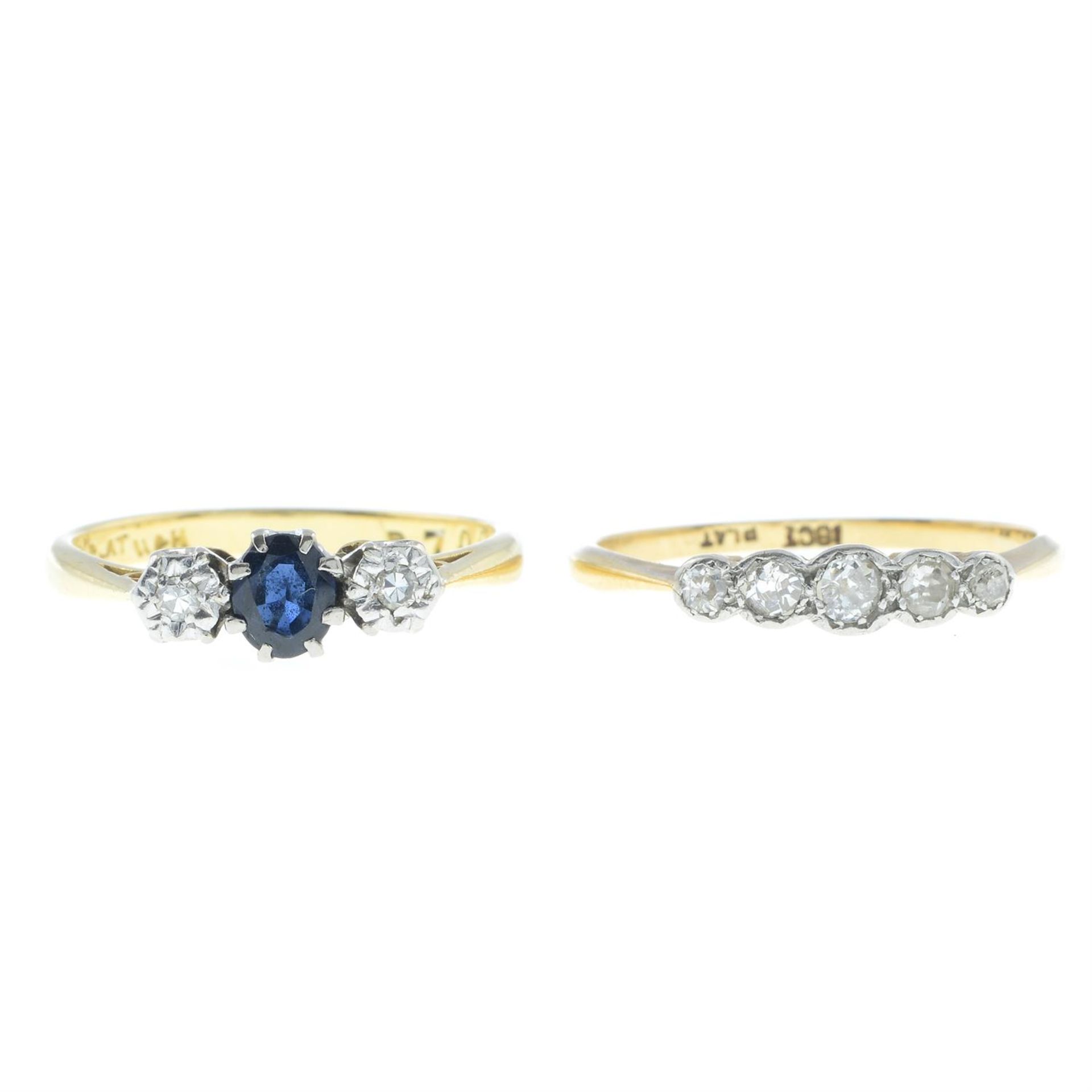 A sapphire and diamond three-stone ring and a diamond five-stone ring.