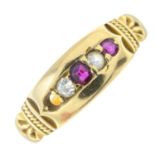 A late Victorian 18ct gold ruby, diamond and colourless gem ring.