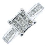 A square-shape diamond cluster ring, with brilliant-cut diamond shoulders.