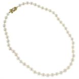A cultured pearl single-strand necklace, with 18ct gold clasp, by Mikimoto.