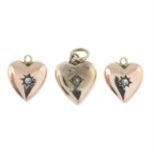 Three 9ct gold heart pendants, with paste and split pearl accents.