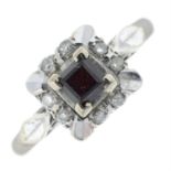 An 18ct gold garnet and diamond square-shape cluster ring.