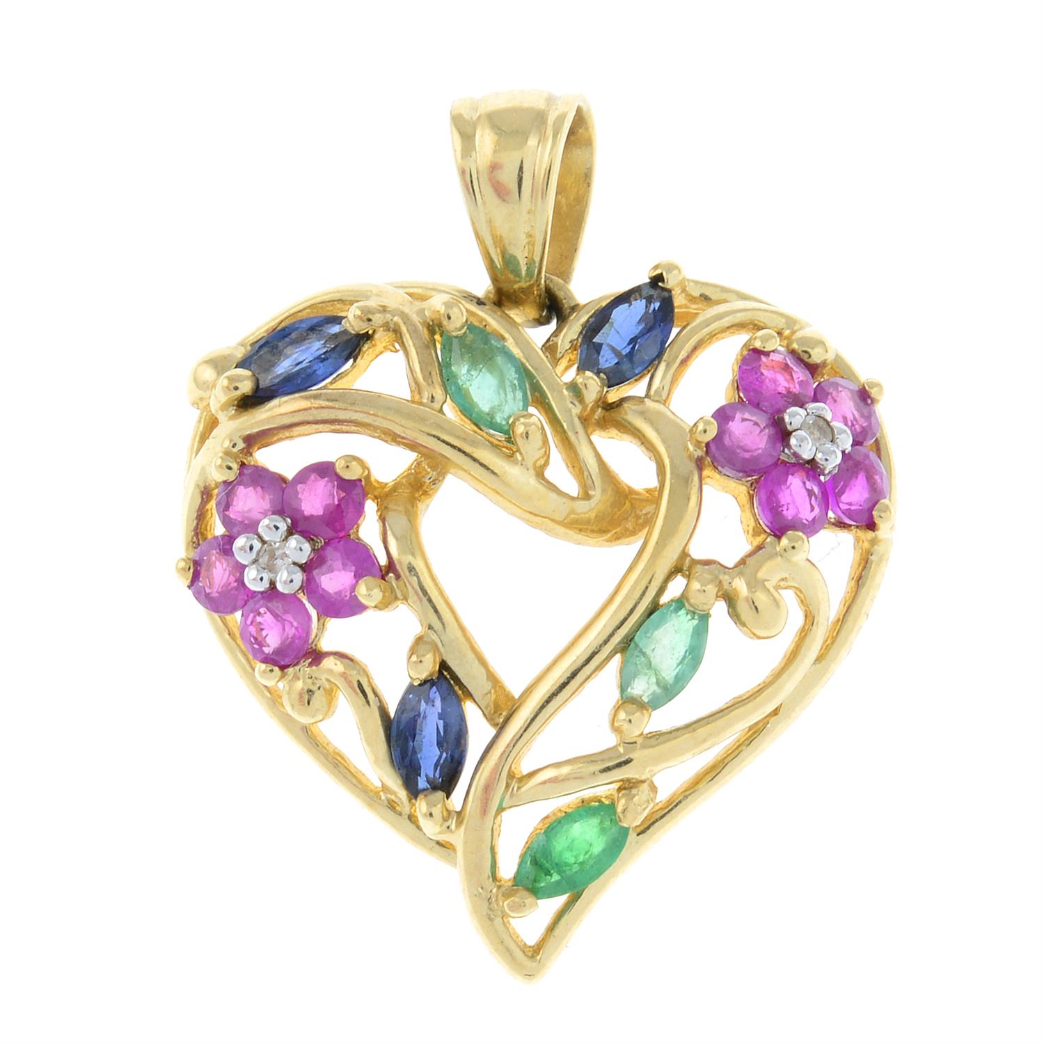 A diamond and gem-set openwork heart pendant.