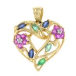 A diamond and gem-set openwork heart pendant.
