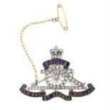 A 9ct gold enamel and single-cut diamond military brooch, with safety chain.