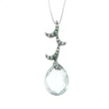 An 18ct gold prasiolite, green garnet and diamond pendant, with chain.