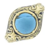 A late 19th century 18ct gold turquoise and enamel ornate ring.