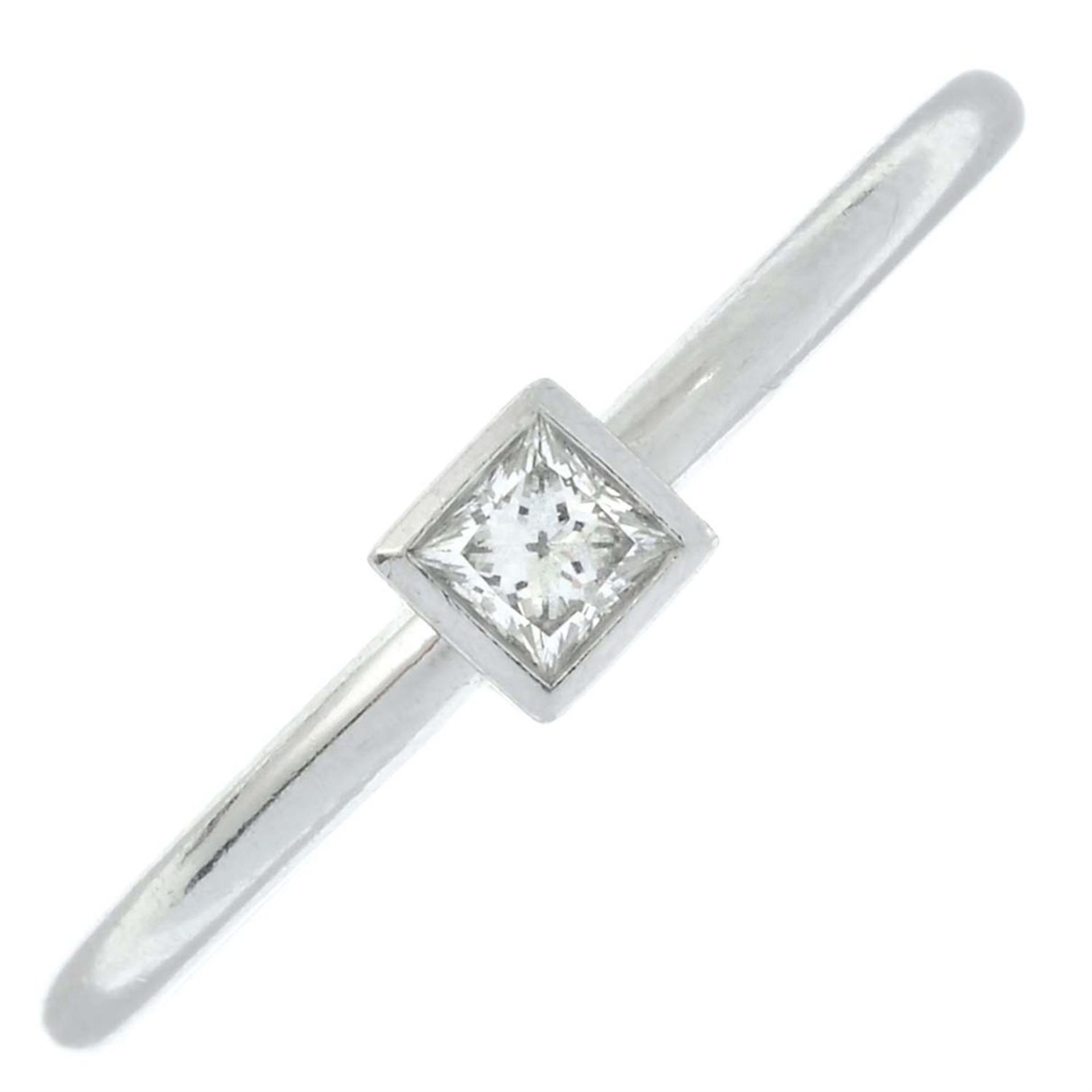 A square-shape diamond single-stone ring, by Tiffany & Co.