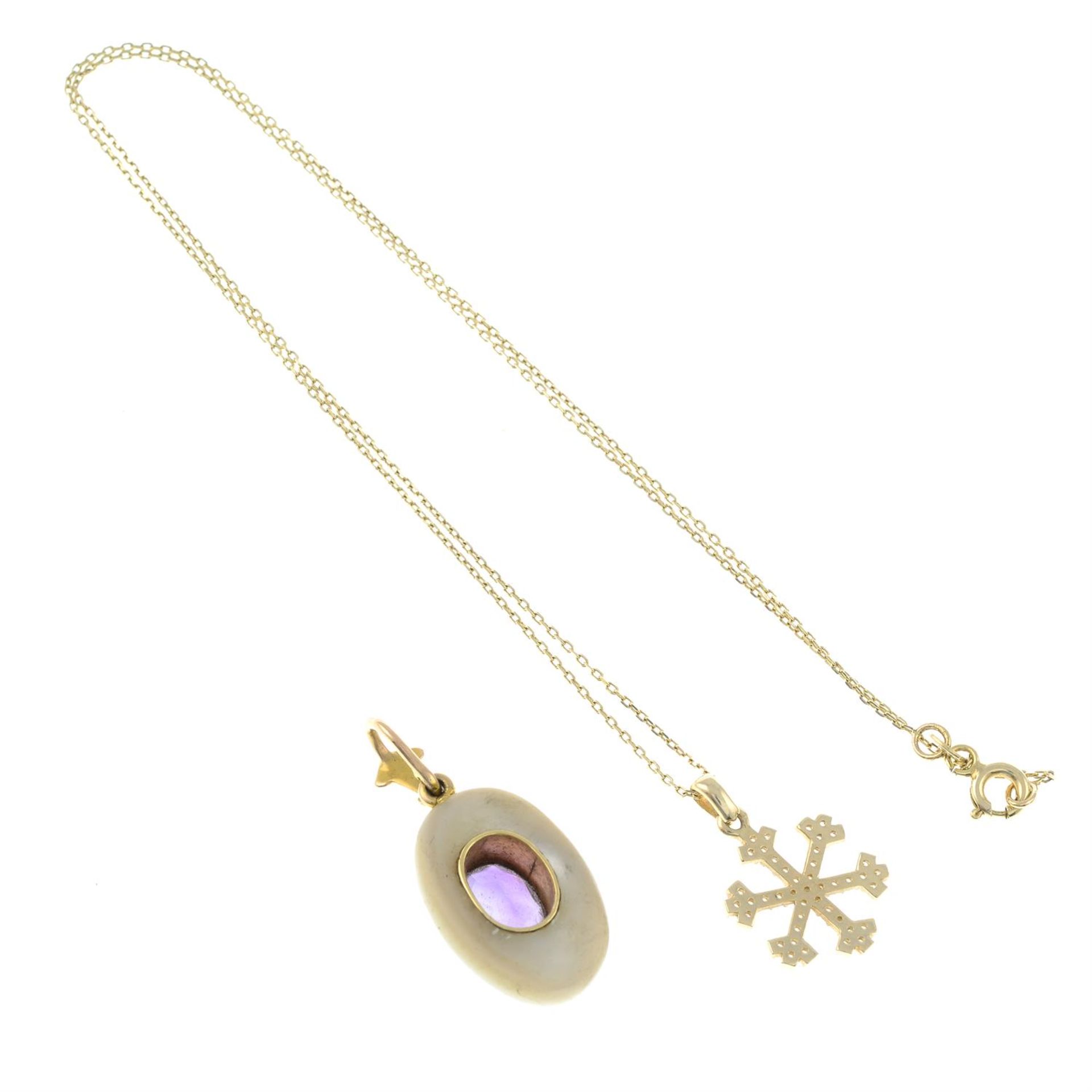 A cubic zirconia snowflake pendant, with chain and an amethyst and mother-of-pearl pendant. - Image 2 of 2