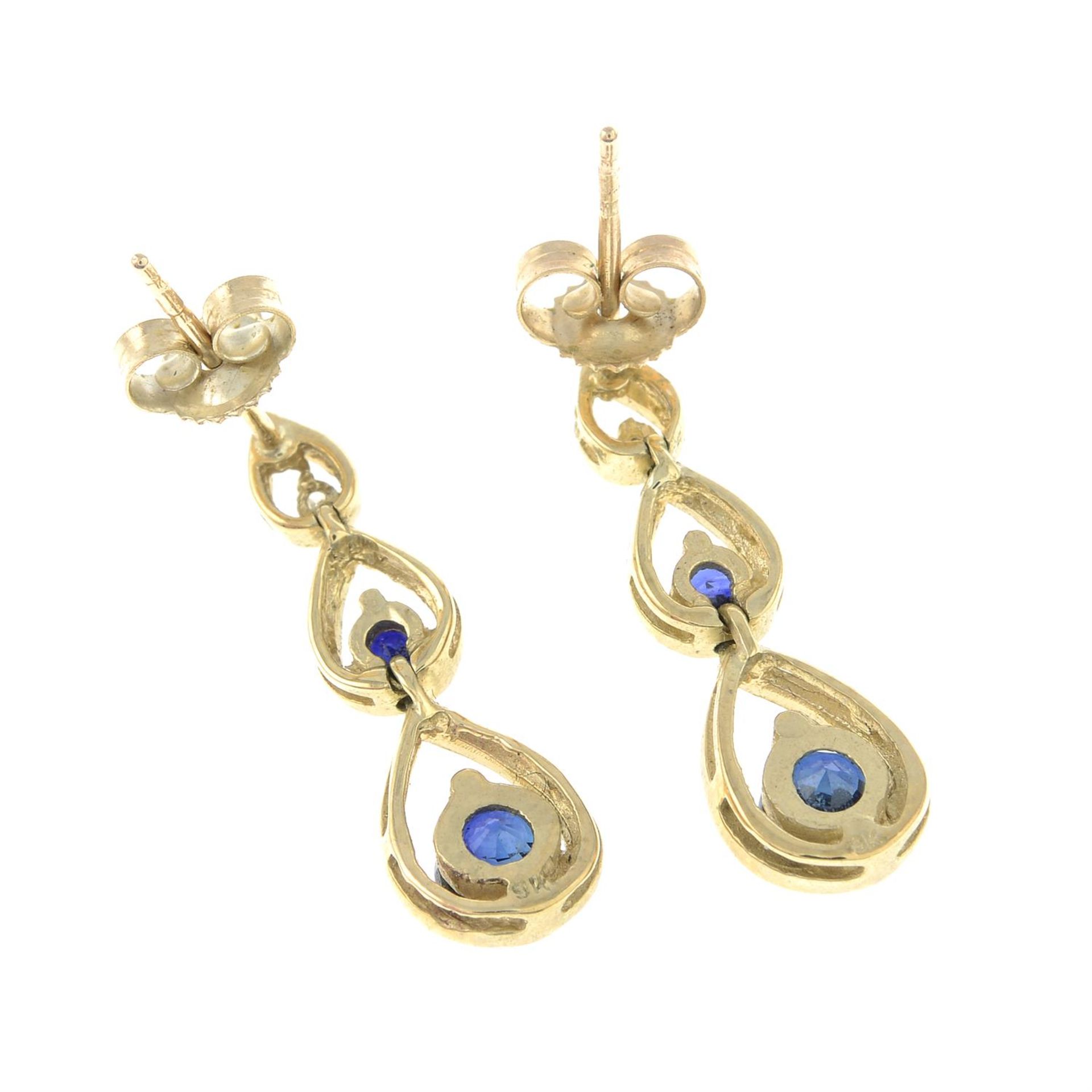 A pair of 9ct gold sapphire and single-cut diamond drop earrings. - Image 2 of 2