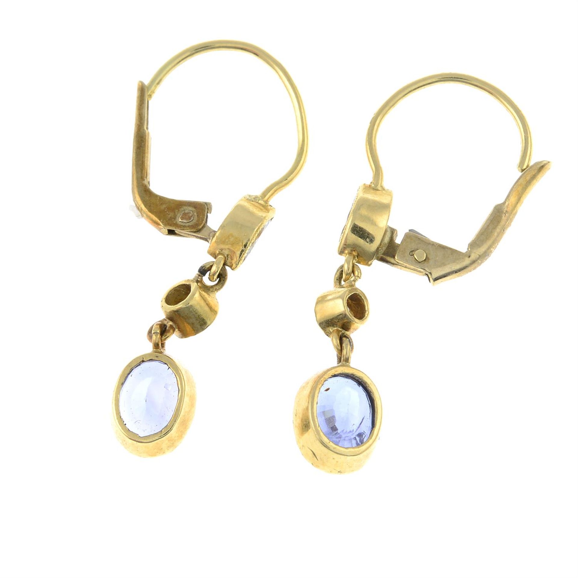 A pair of vari-cut diamond and sapphire drop earrings. - Image 2 of 2