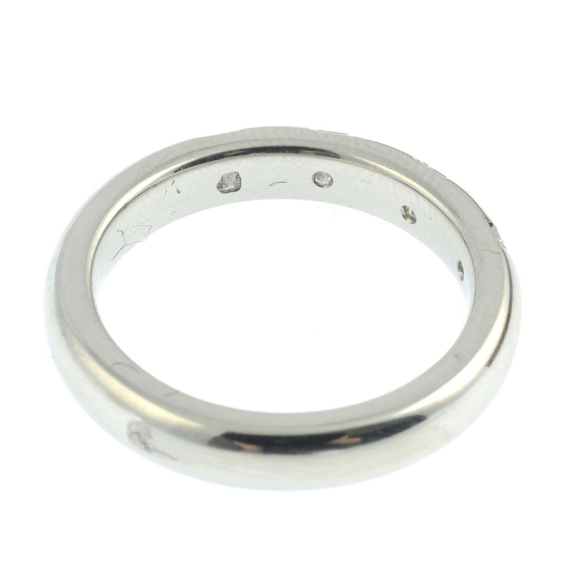 A platinum rectangular-shape diamond three-stone ring. - Image 2 of 2