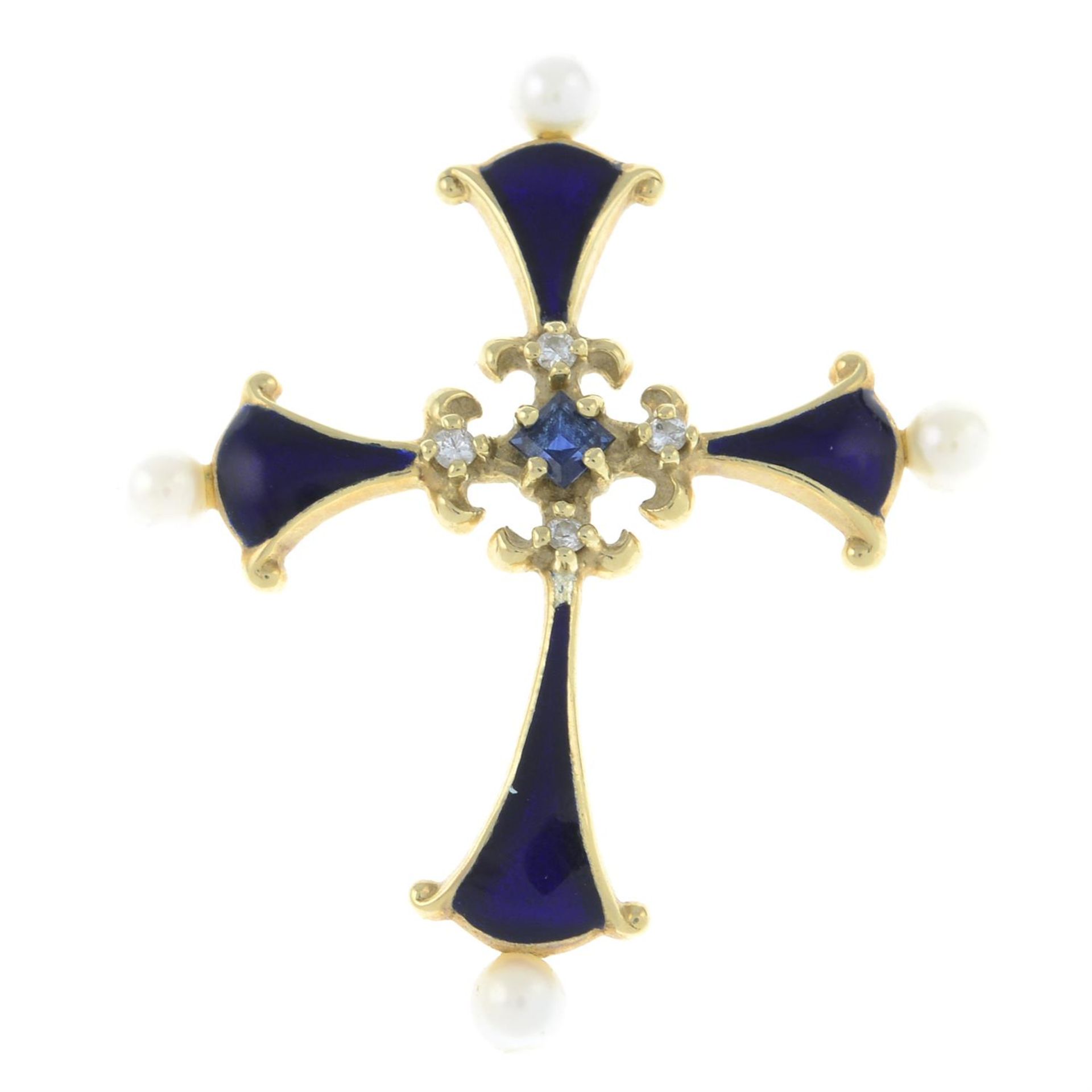 A 14ct gold diamond, sapphire, seed pearl and enamel cross pendant.