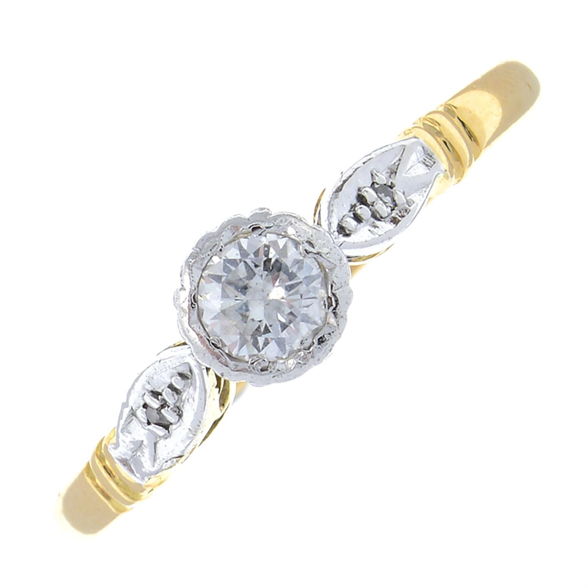 An 18ct gold brilliant-cut diamond single-stone ring, with diamond accent shoulders.