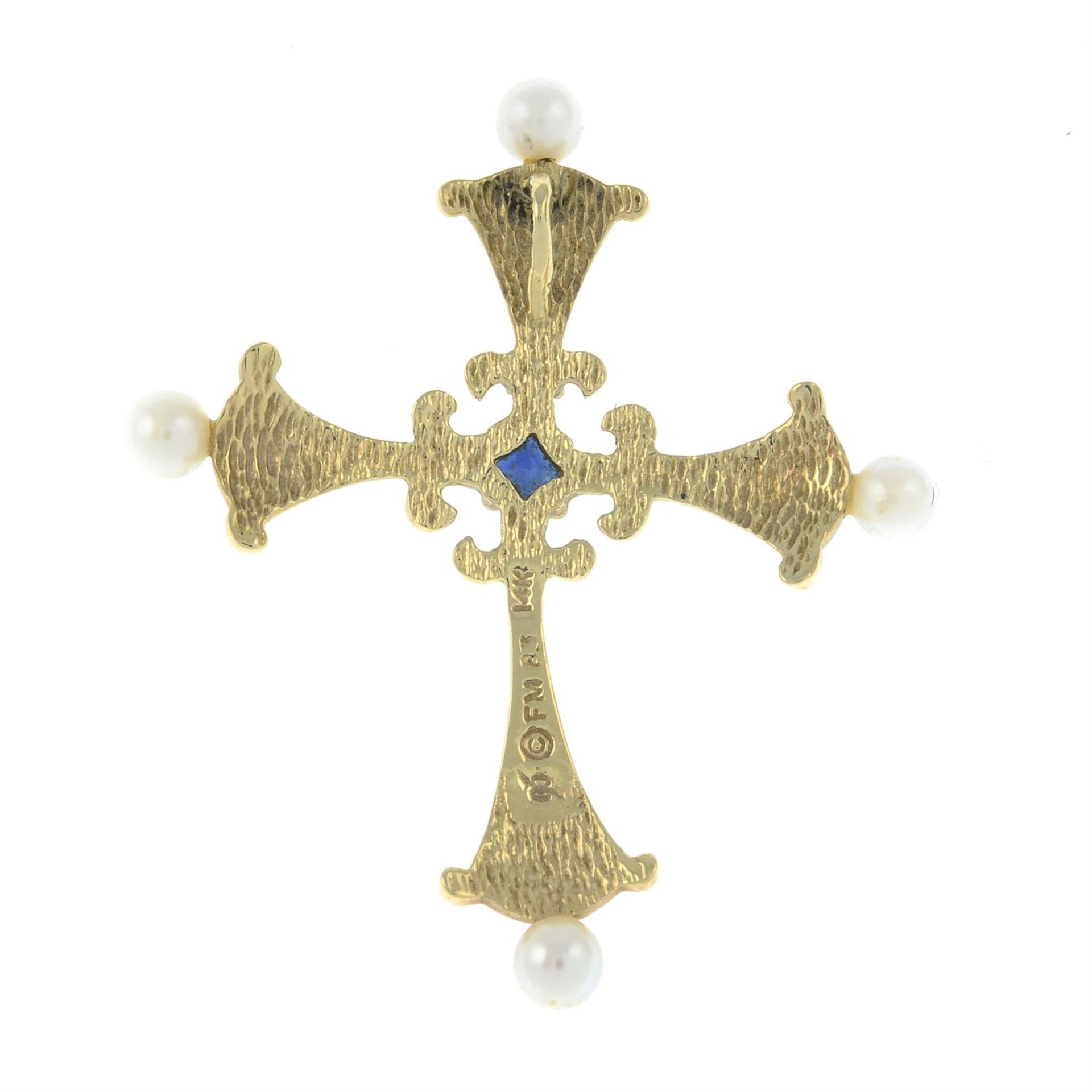 A 14ct gold diamond, sapphire, seed pearl and enamel cross pendant. - Image 2 of 2