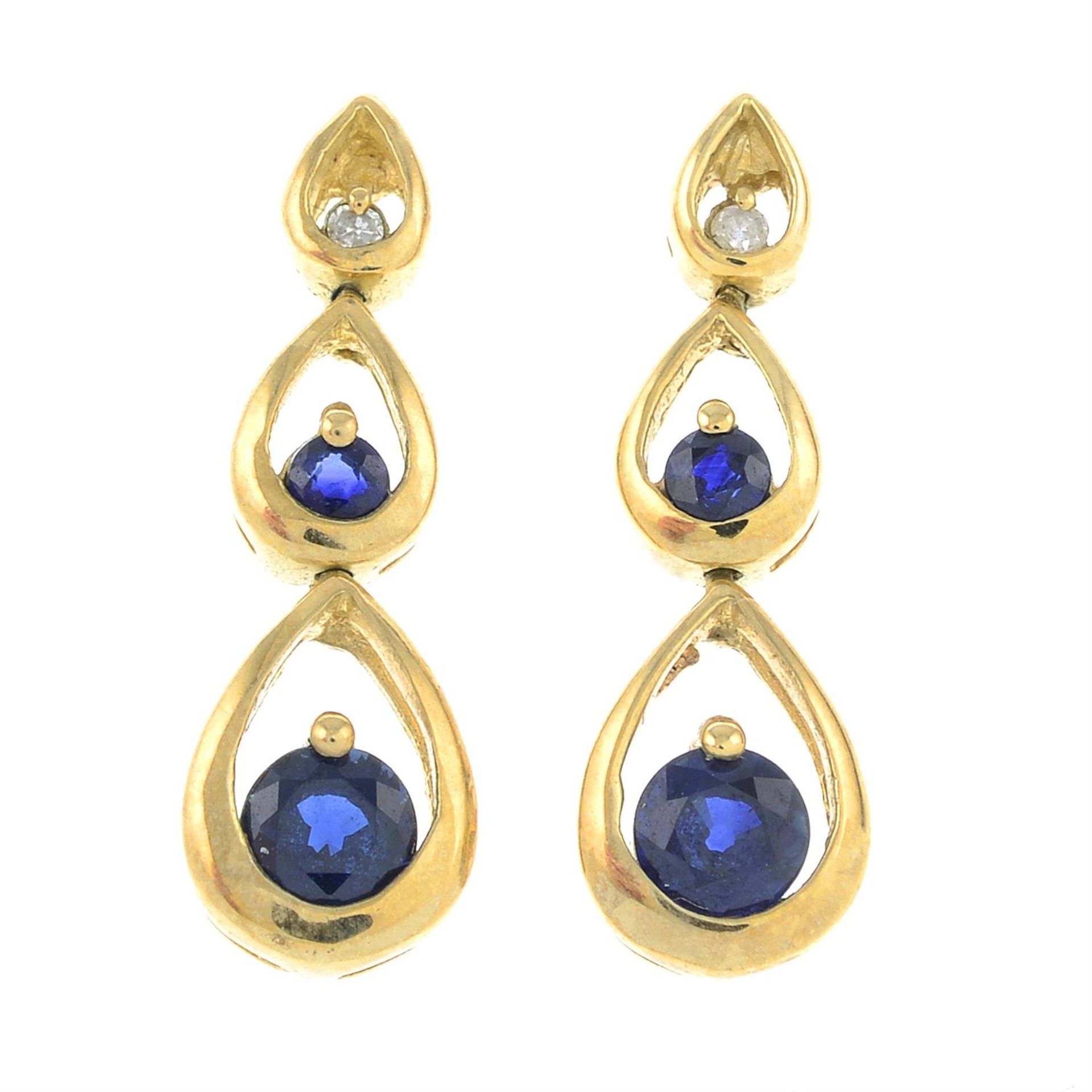 A pair of 9ct gold sapphire and single-cut diamond drop earrings.