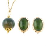 A green hardstone pendant, with chain, together with a pair of nephrite earrings.