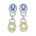 A pair of 18ct gold diamond and sapphire drop earrings.