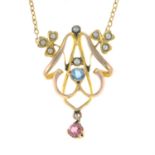 An early 20th century 9ct gold aquamarine, pink tourmaline and split pearl pendant,