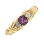 An Edwardian 18ct gold ruby and old-cut diamond three-stone ring.