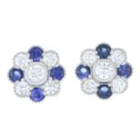 A pair of 18ct gold sapphire and brilliant-cut diamond cluster earrings.