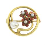 An American early 20th century 14ct gold cultured pearl and enamel floral brooch, by Bippart,