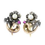 A pair of mid 20th century silver and gold, cultured pearl, synthetic ruby and diamond floral