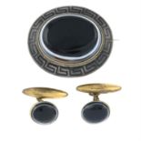 A late Victorian greek revival agate brooch, together with a pair of agate cufflinks.