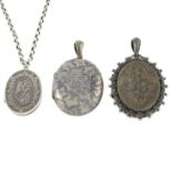 Three late Victorian silver floral lockets, one with belcher-link chain necklace.