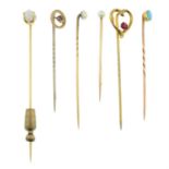 Six early 20th century and later gem-set stickpins.