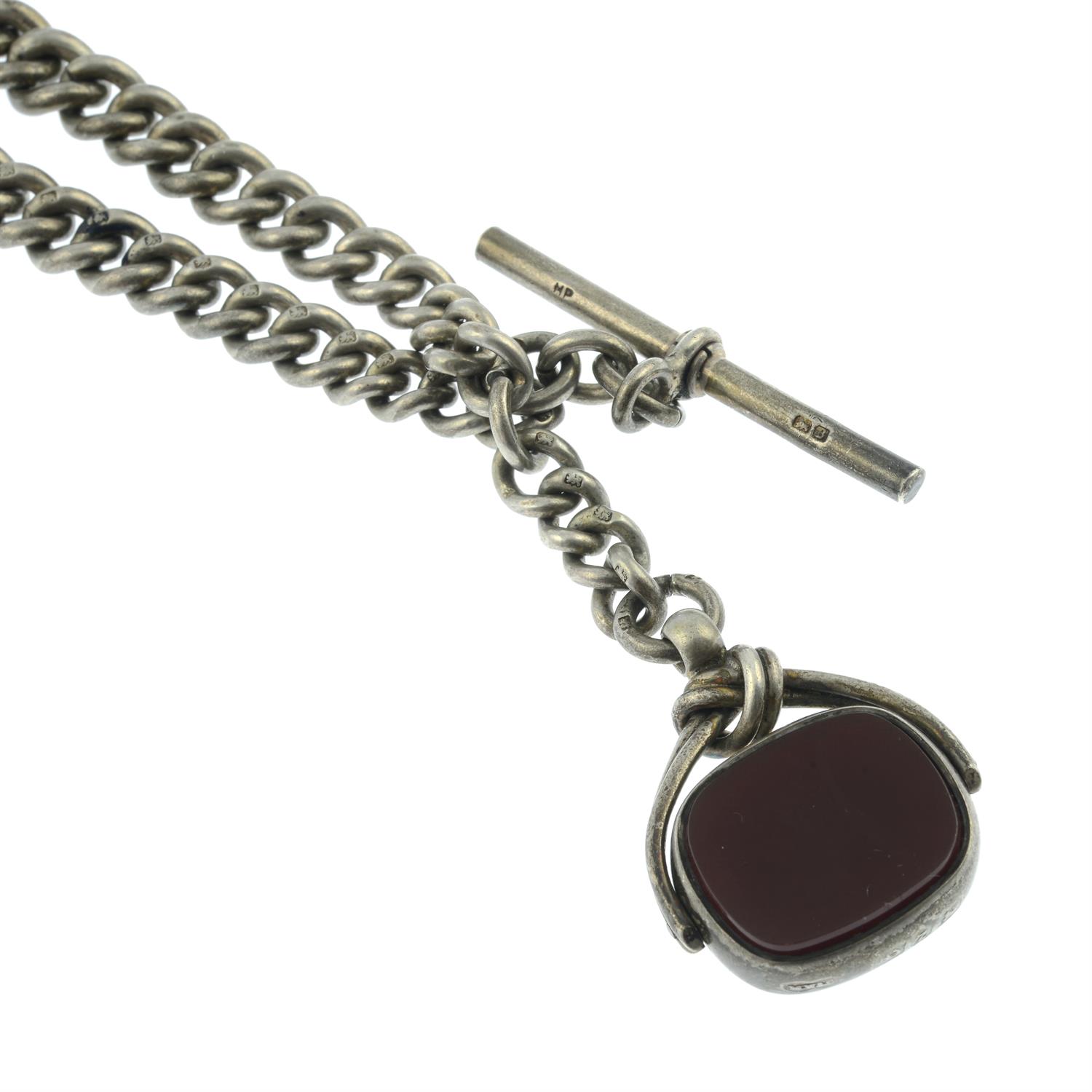 A late Victorian silver curb-link albert chain, with T-bar and carnelian and bloodstone swivel fob. - Image 2 of 2