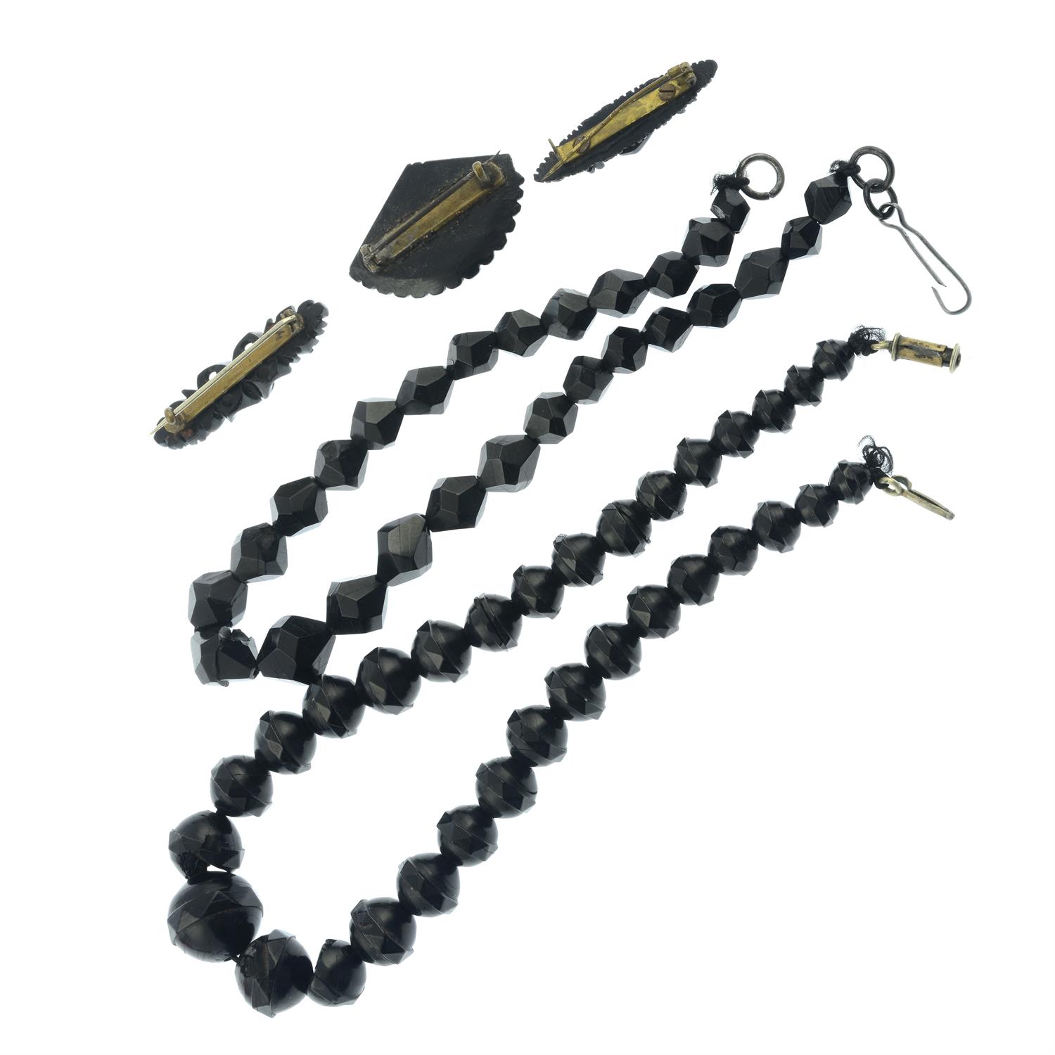 Two faceted jet bead necklaces, together with three further items. - Image 2 of 2
