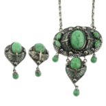 A green paste and enamel filigree necklace, together with a pair of matching earrings.