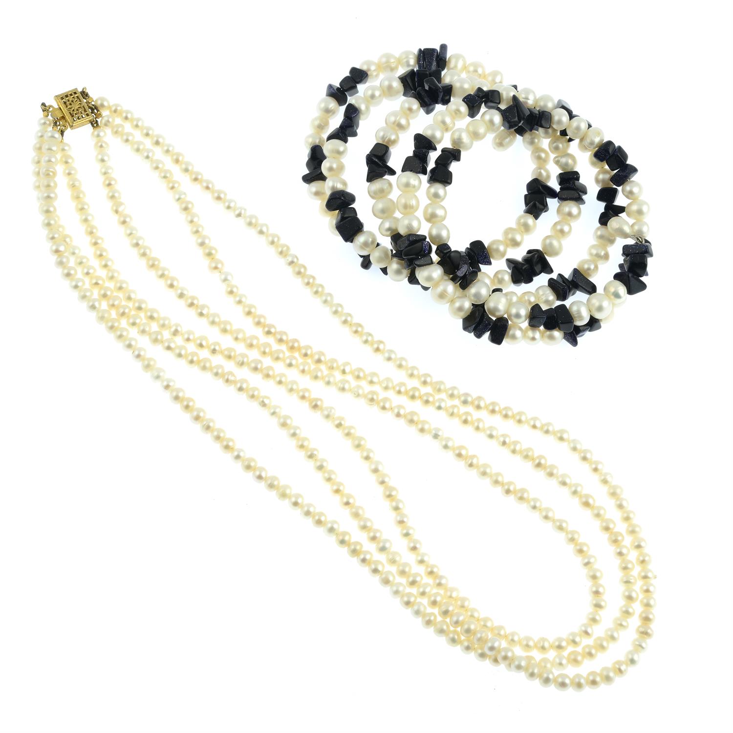 A cultured pearl three-row necklace, together with a cultured pearl and paste coil bracelet.