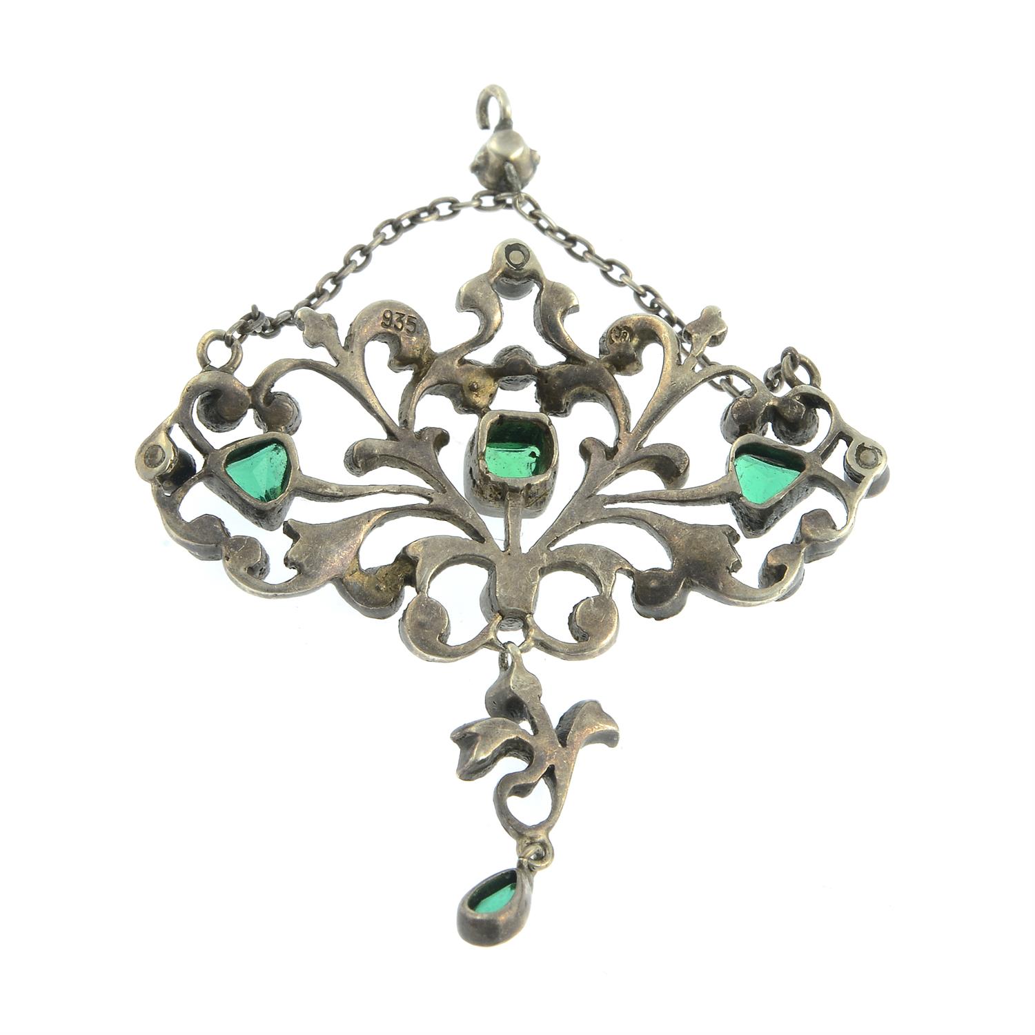 An early 20th century silver green and colourless paste drop pendant. - Image 2 of 2