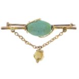 An Edwardian 9ct gold green gem and pearl bar brooch.