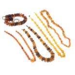 Five amber bead single-strand necklaces.