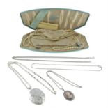 A small selection of silver and costume jewellery, to include two silver locket pendants,