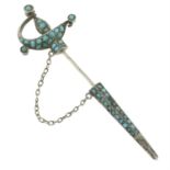 A turquoise jabot pin, designed in the form of a sword.